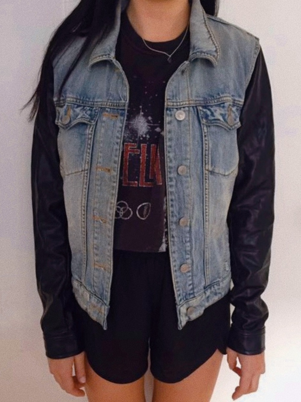 Aritzia Talula Harlem Denim Jean Jacket Faux Leather Sleeves Small